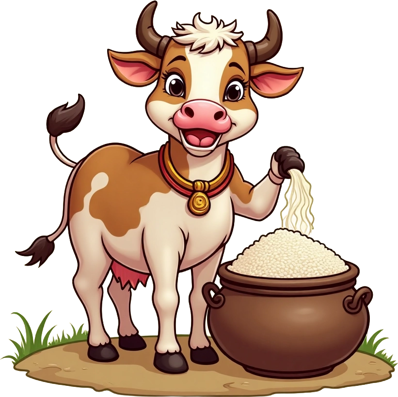 Happy Cow with Rice Pot